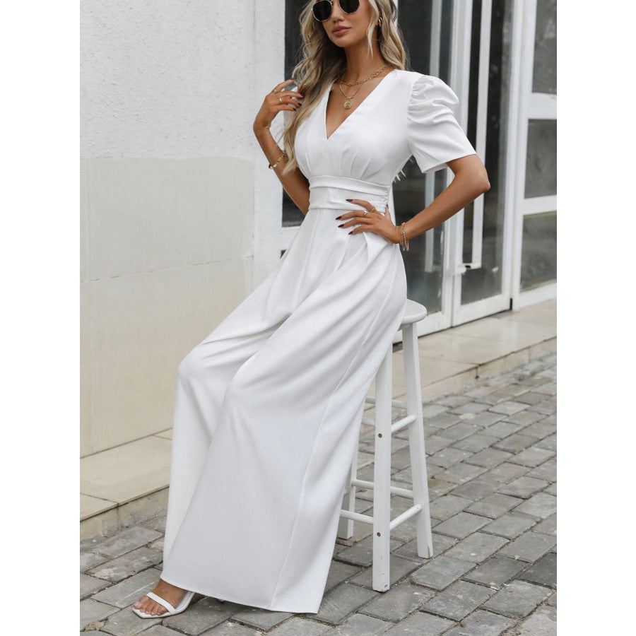 V-Neck Short Sleeve Wide Leg Jumpsuit Apparel and Accessories