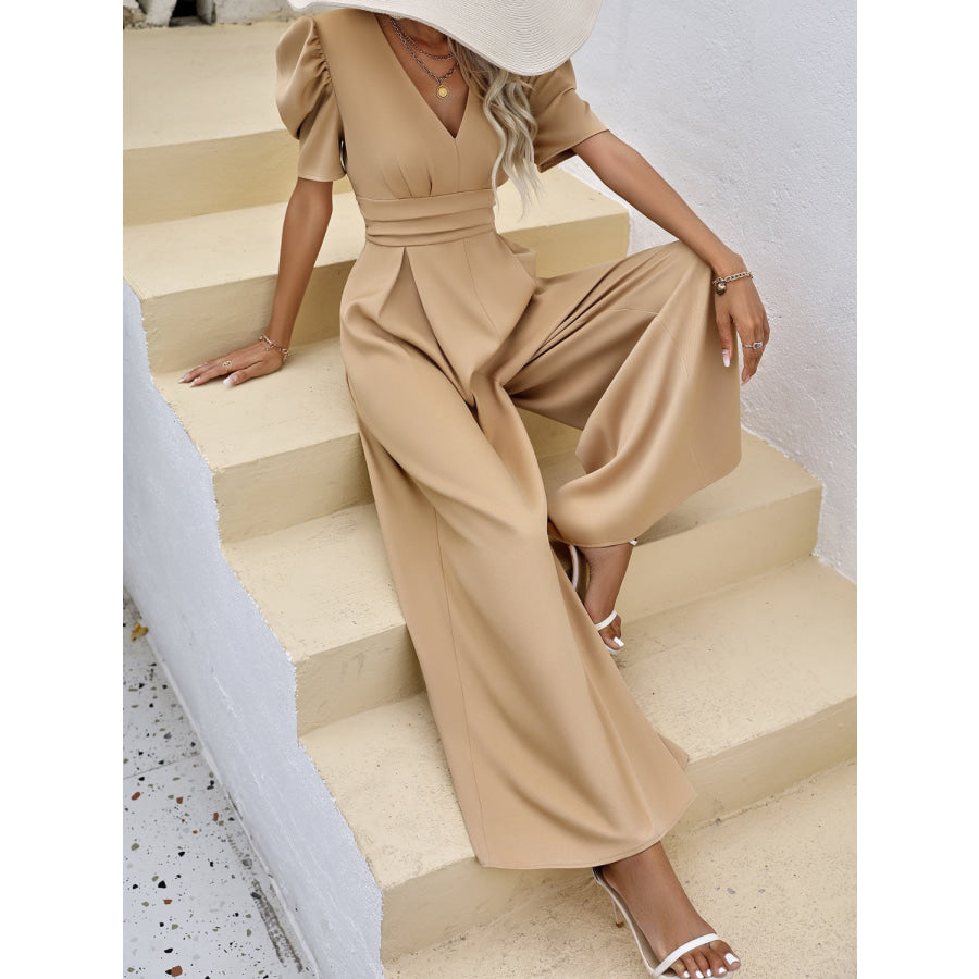 V-Neck Short Sleeve Wide Leg Jumpsuit Apparel and Accessories