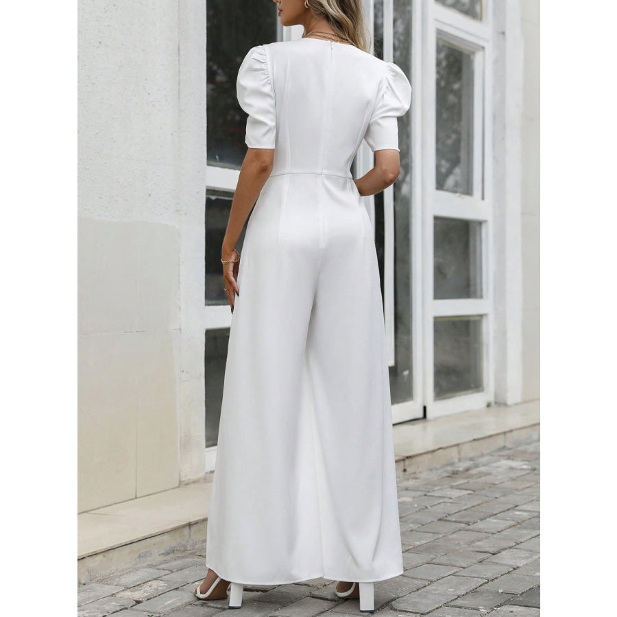 V-Neck Short Sleeve Wide Leg Jumpsuit White / S Apparel and Accessories