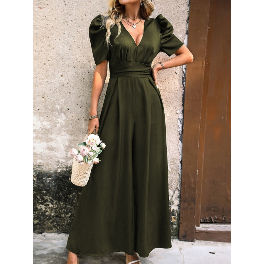V-Neck Short Sleeve Wide Leg Jumpsuit Army Green / S Apparel and Accessories