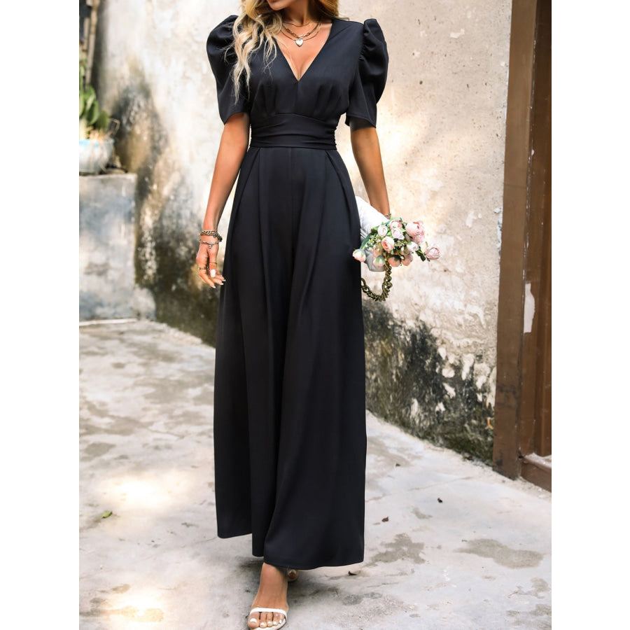 V-Neck Short Sleeve Wide Leg Jumpsuit Black / S Apparel and Accessories