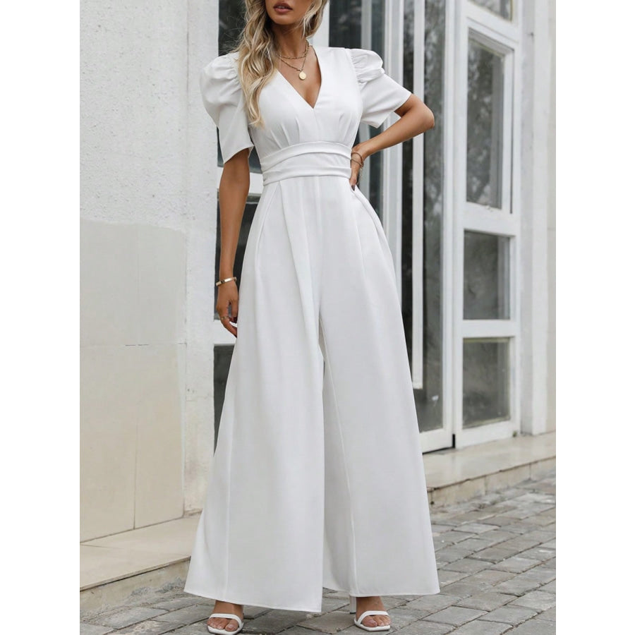 V-Neck Short Sleeve Wide Leg Jumpsuit White / S Apparel and Accessories