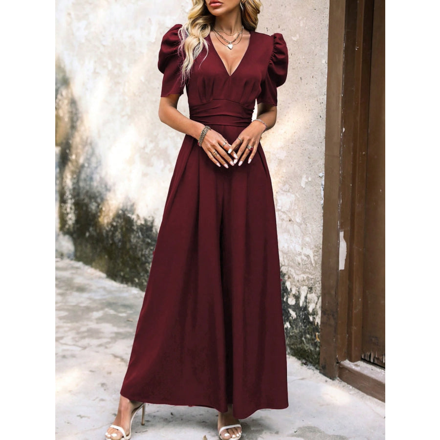 V-Neck Short Sleeve Wide Leg Jumpsuit Wine / S Apparel and Accessories