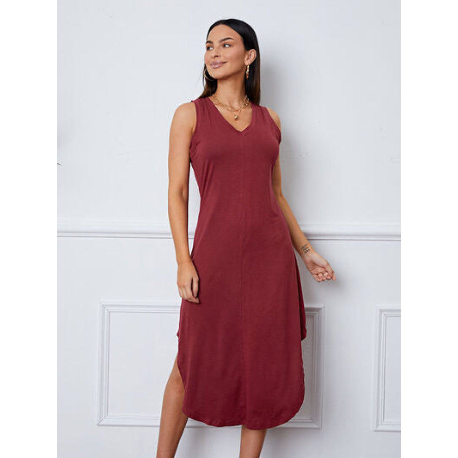 V - Neck Sleeveless Curved Hem Dress Clothing