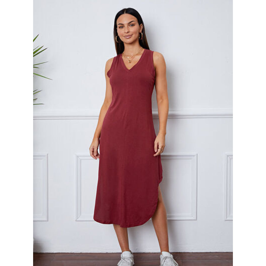 V - Neck Sleeveless Curved Hem Dress Wine / S Clothing