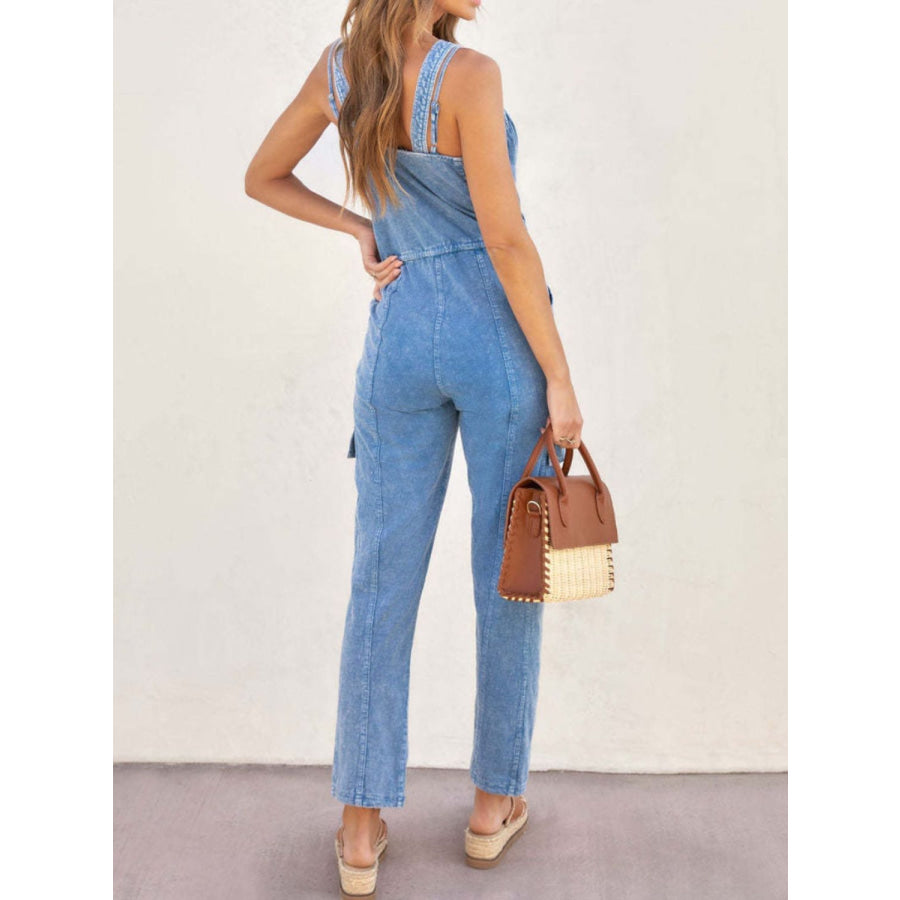 V-Neck Sleeveless Denim Jumpsuit Apparel and Accessories