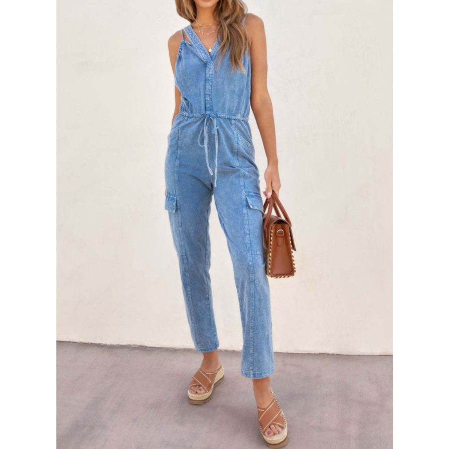 V-Neck Sleeveless Denim Jumpsuit Apparel and Accessories