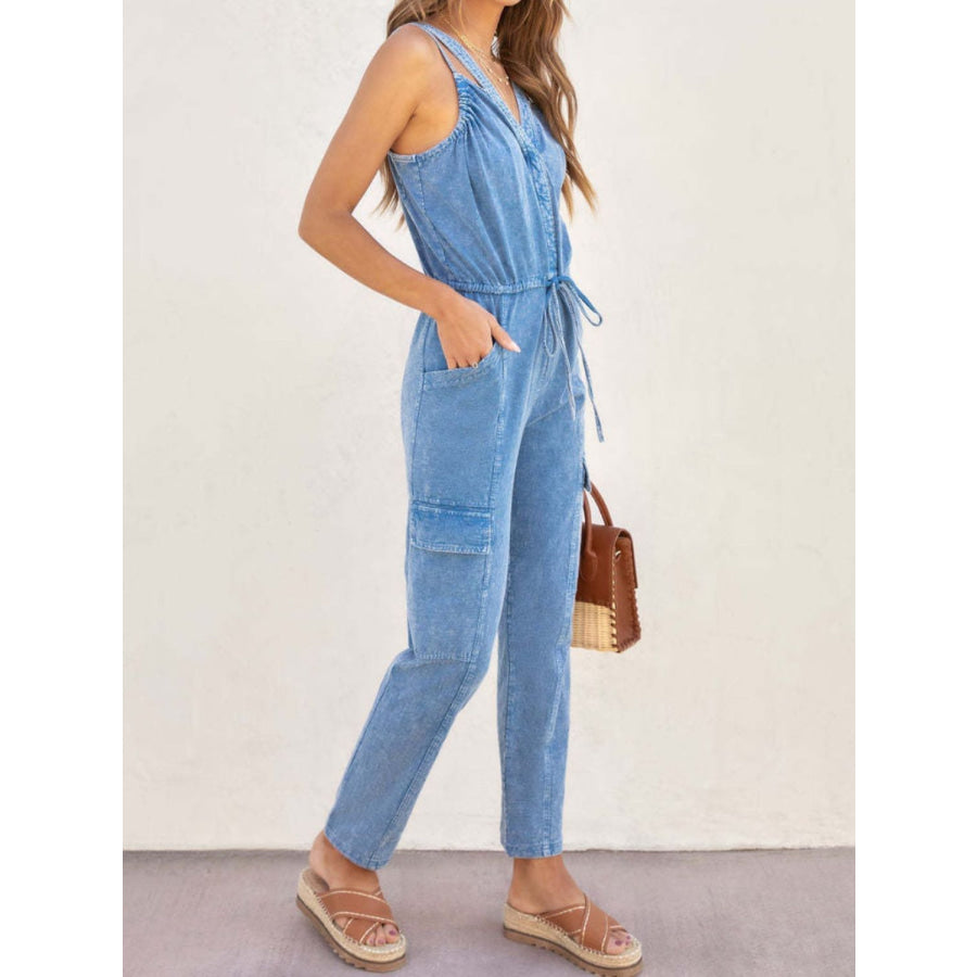 V-Neck Sleeveless Denim Jumpsuit Apparel and Accessories