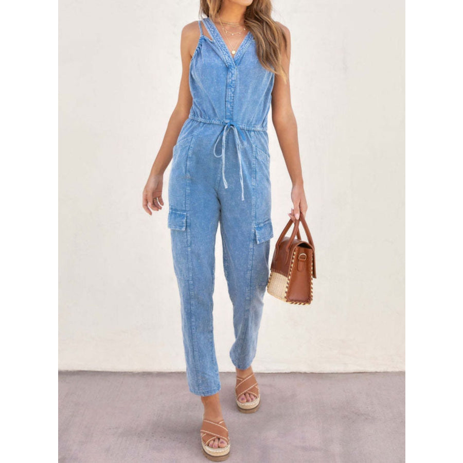 V-Neck Sleeveless Denim Jumpsuit Apparel and Accessories