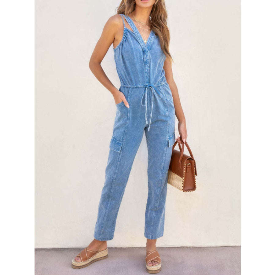 V-Neck Sleeveless Denim Jumpsuit Medium / S Apparel and Accessories