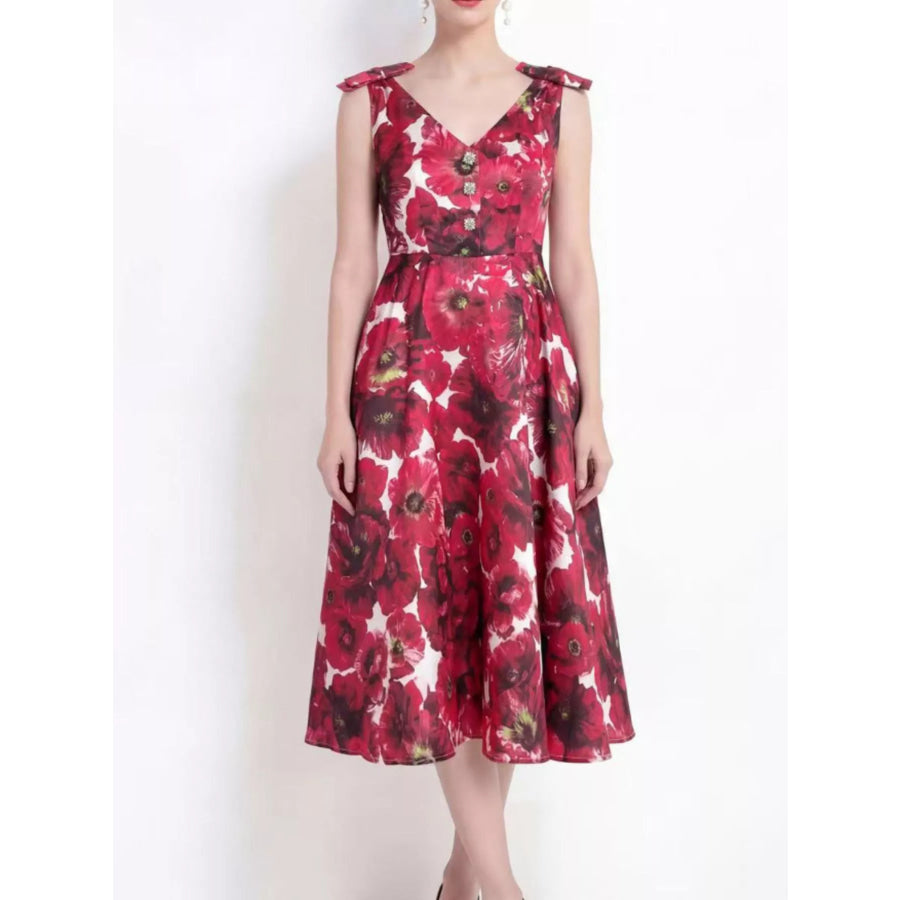 V-Neck Sleeveless Floral Print Midi Dress Apparel and Accessories