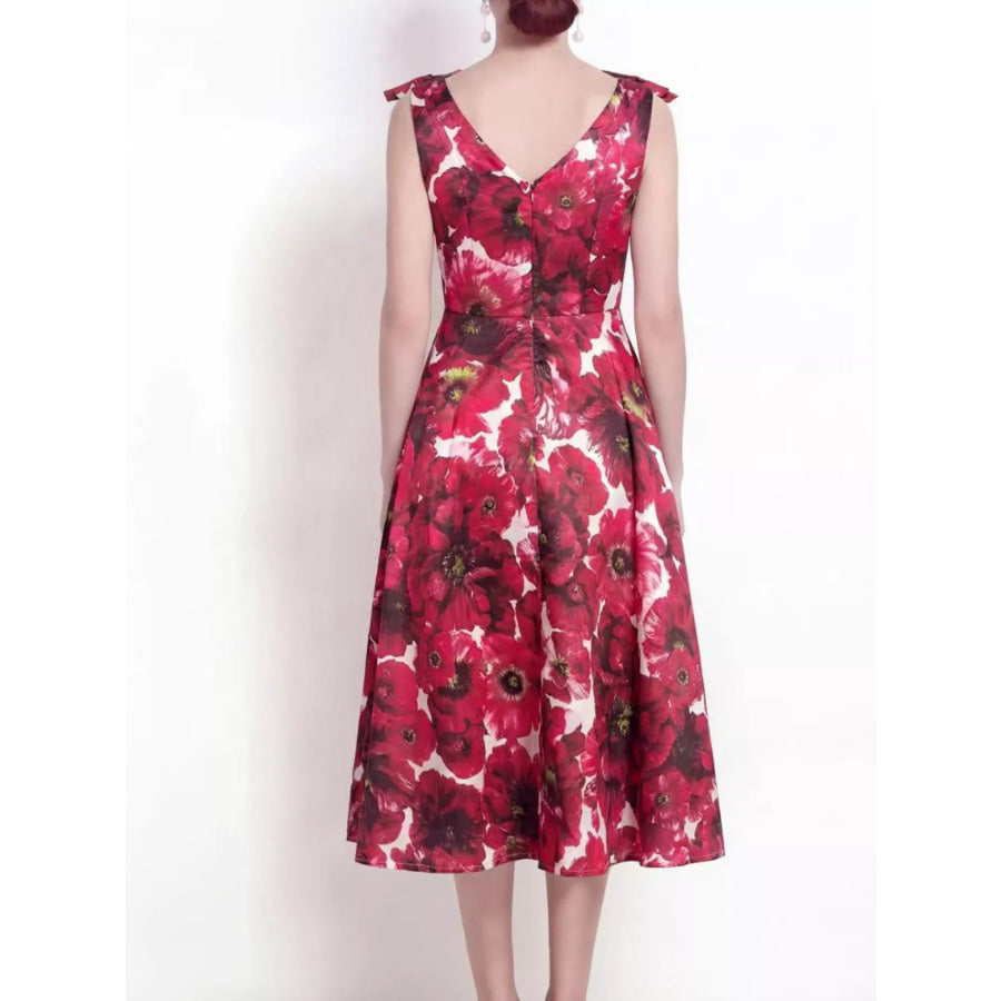 V-Neck Sleeveless Floral Print Midi Dress Apparel and Accessories