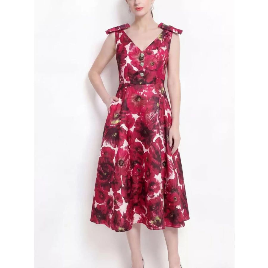V-Neck Sleeveless Floral Print Midi Dress Burgundy / S Apparel and Accessories