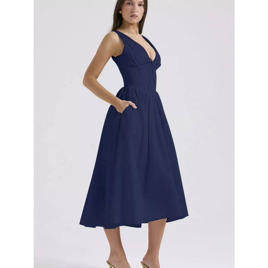 V-Neck Sleeveless Midi Dress Apparel and Accessories