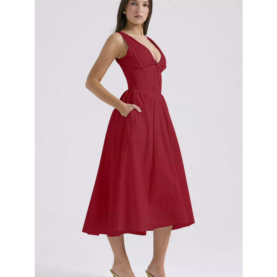 V-Neck Sleeveless Midi Dress Apparel and Accessories