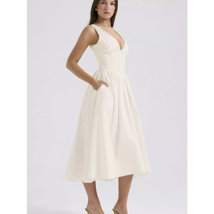 V-Neck Sleeveless Midi Dress Apparel and Accessories