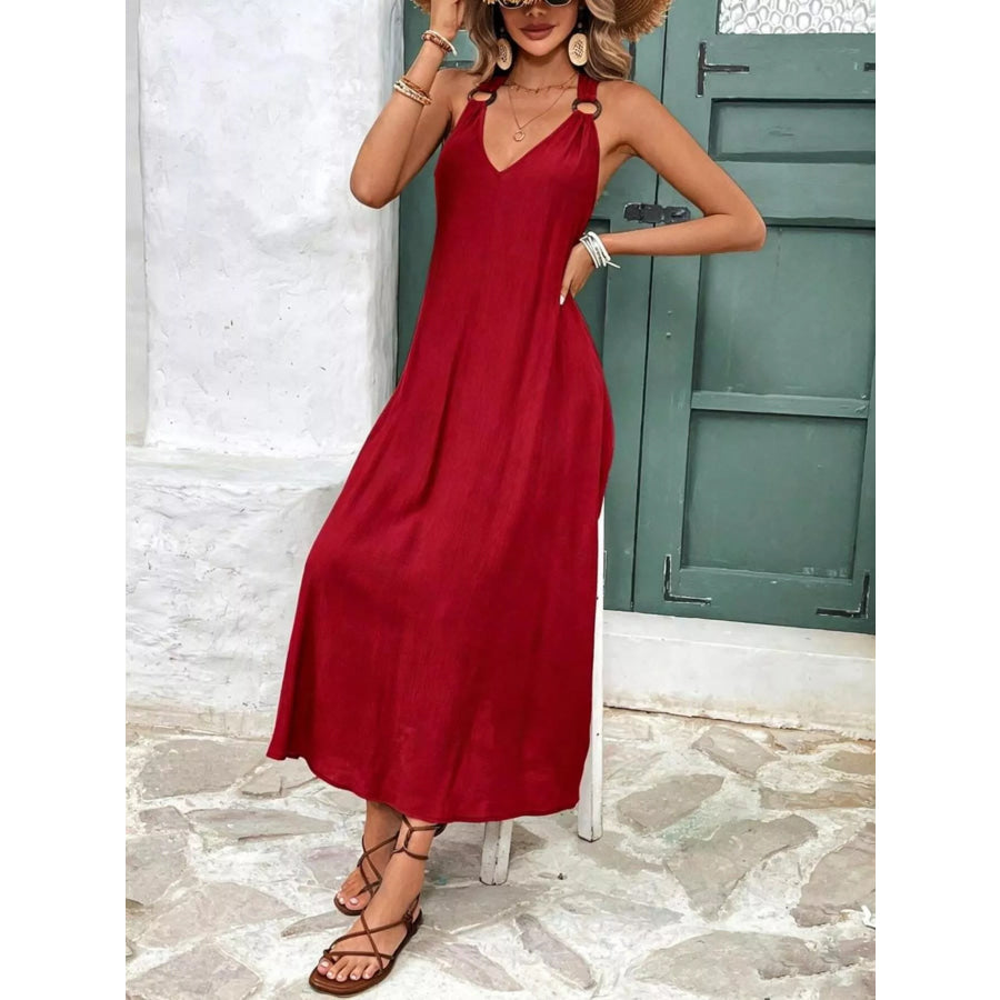 V-Neck Sleeveless Midi Dress Burgundy / XS Apparel and Accessories