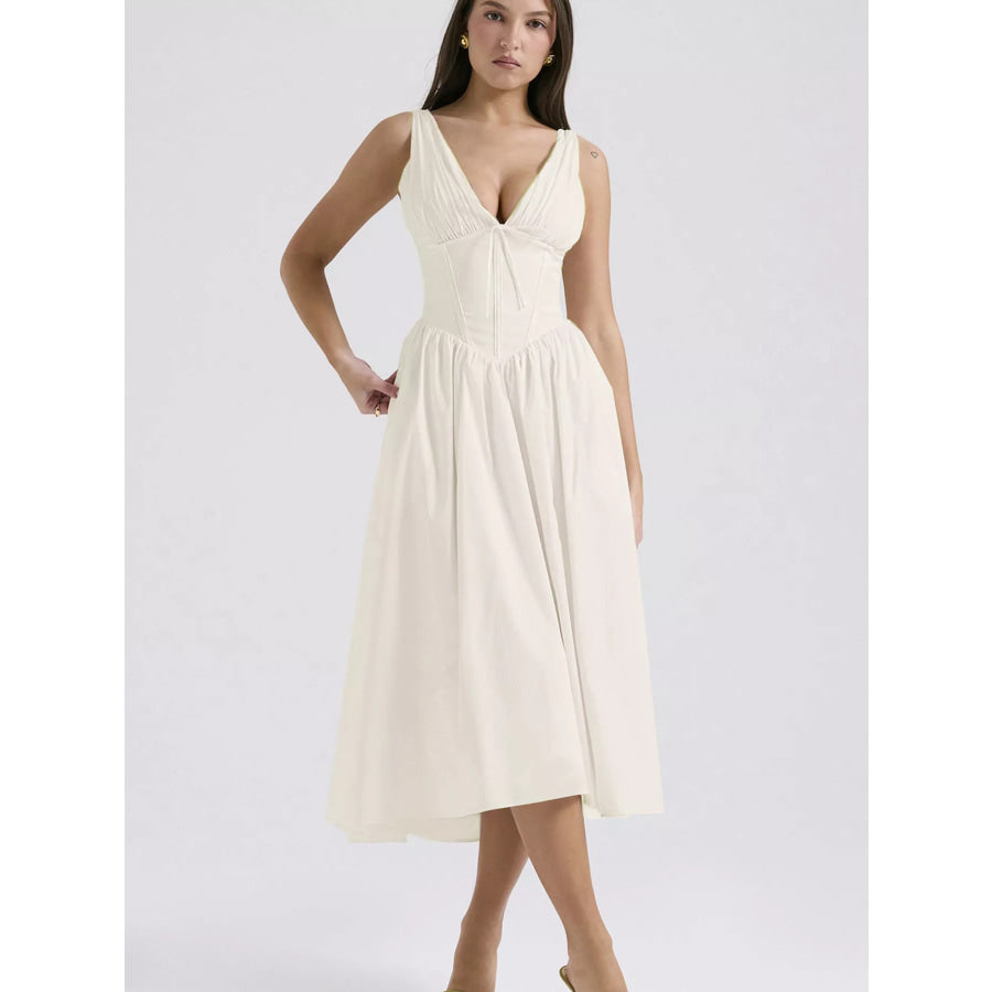 V-Neck Sleeveless Midi Dress Cream / S Apparel and Accessories