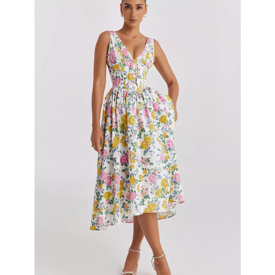 V-Neck Sleeveless Midi Dress Floral 1 / S Apparel and Accessories