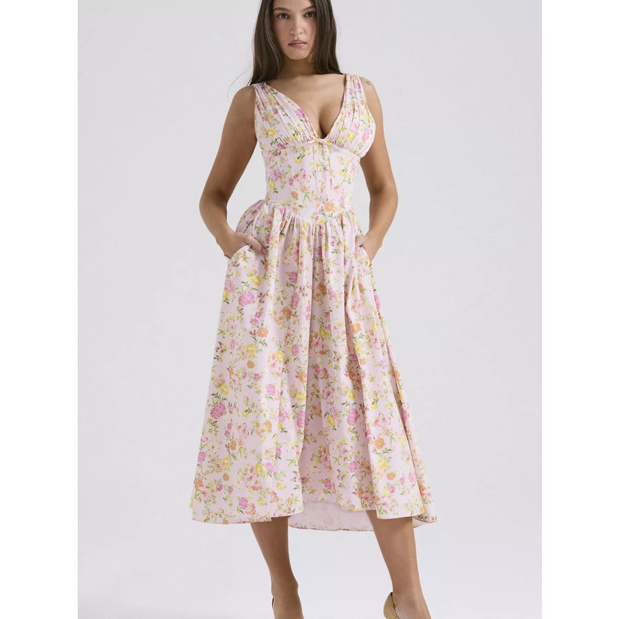 V-Neck Sleeveless Midi Dress Floral 2 / S Apparel and Accessories
