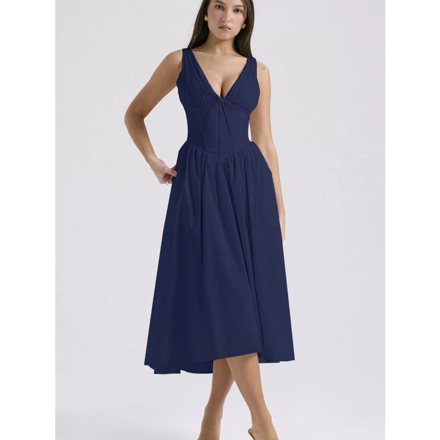 V-Neck Sleeveless Midi Dress Navy / S Apparel and Accessories