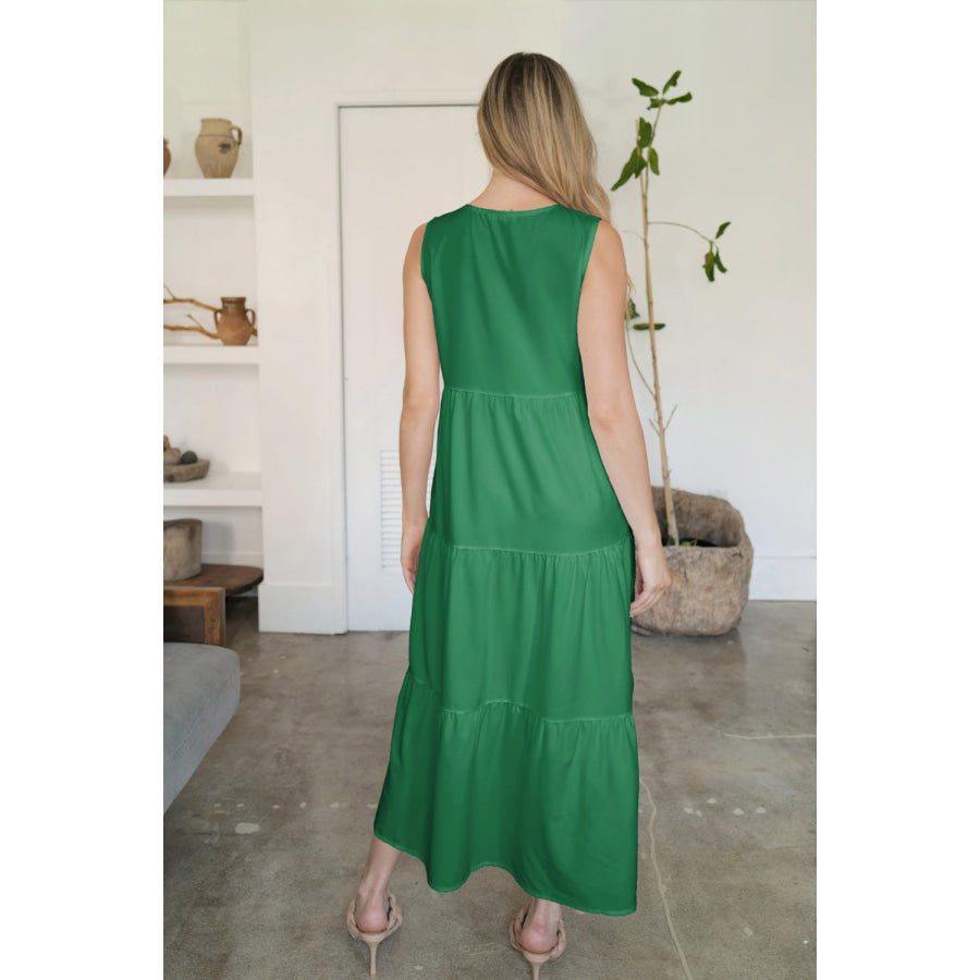 V-Neck Sleeveless Midi Tiered Dress Green / S Apparel and Accessories