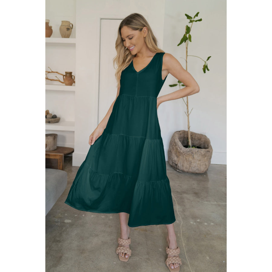 V-Neck Sleeveless Midi Tiered Dress Dark Green / S Apparel and Accessories