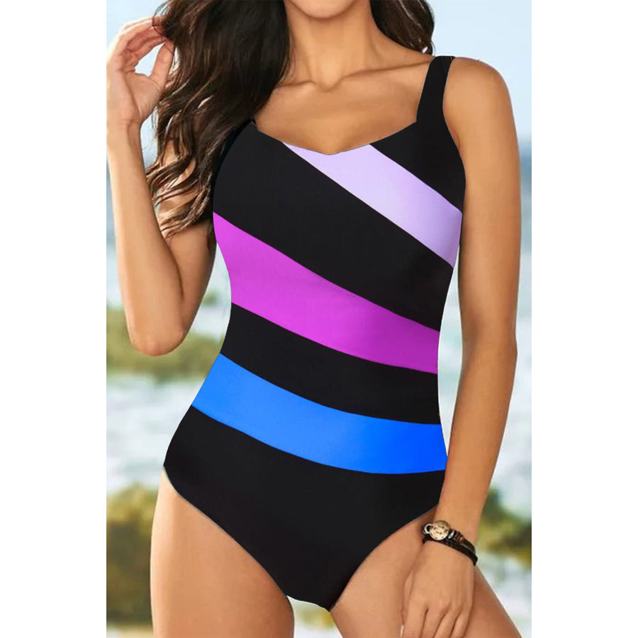 V-Neck Sleeveless Printed One-piece Swimwear Heliotrope Purple / S Apparel and Accessories