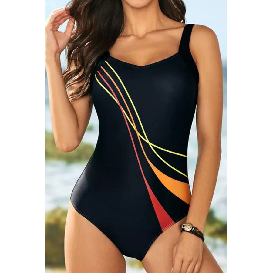 V-Neck Sleeveless Printed One-piece Swimwear Tangerine / S Apparel and Accessories