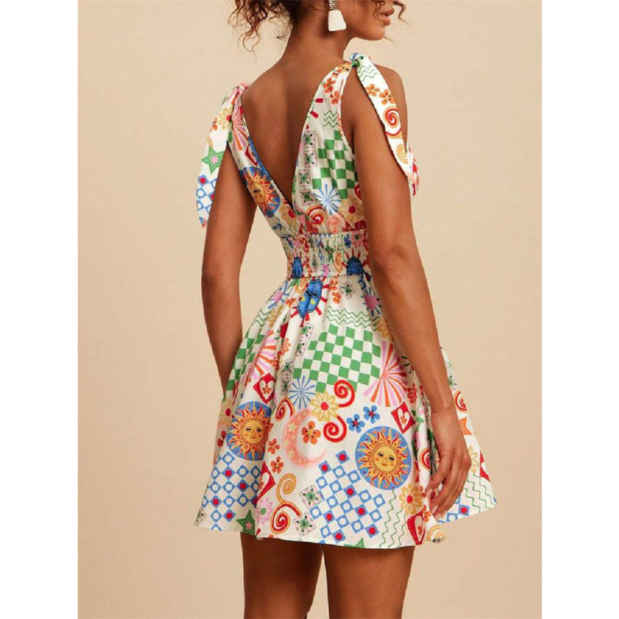V-Neck Sleeveless Smocked Waist Printed Mini Dress Apparel and Accessories