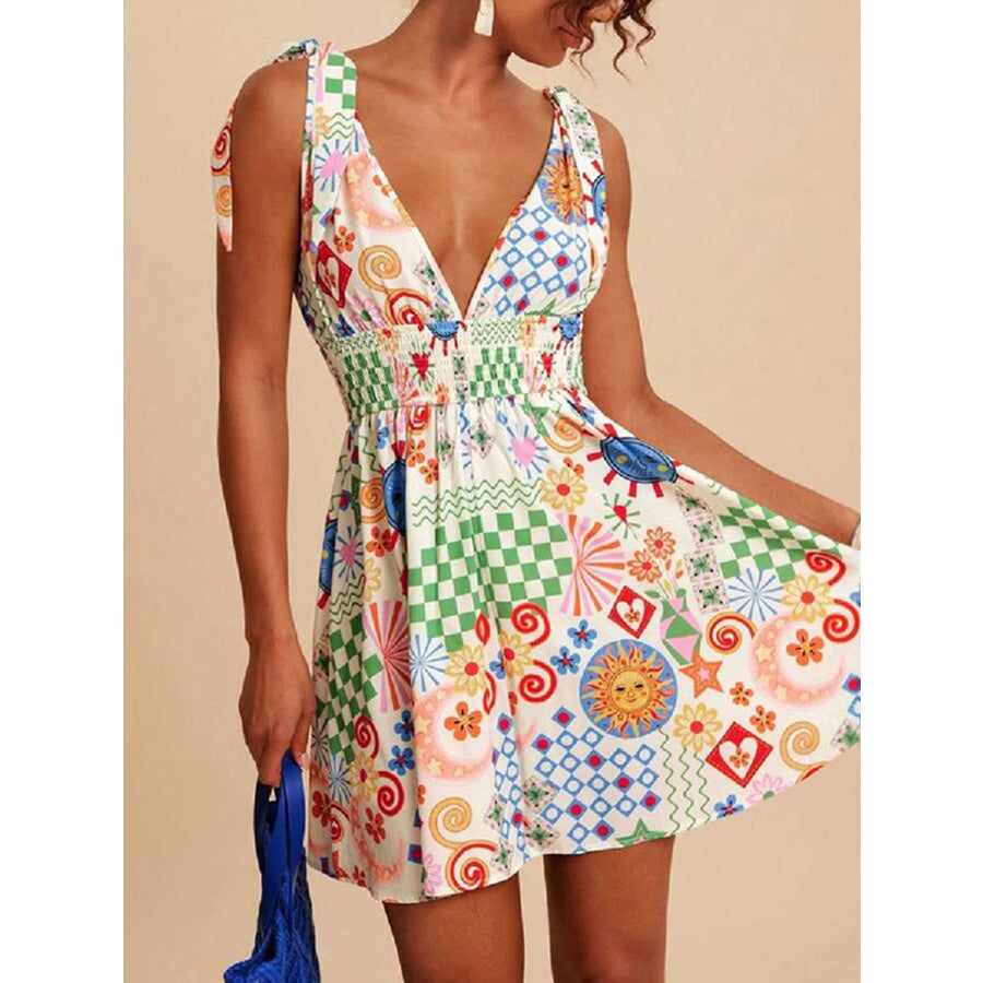 V-Neck Sleeveless Smocked Waist Printed Mini Dress Multicolor / S Apparel and Accessories