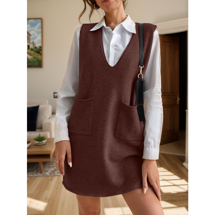 V-Neck Sleeveless Sweater Dress with Pockets Apparel and Accessories