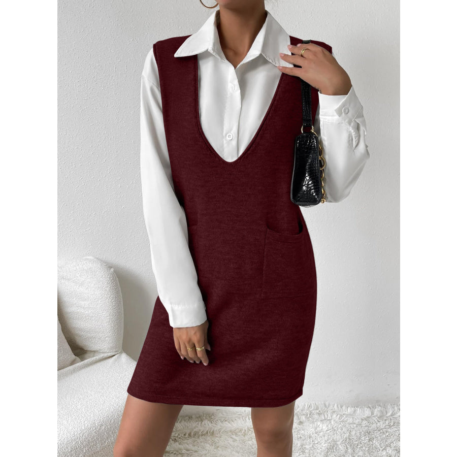 V-Neck Sleeveless Sweater Dress with Pockets Apparel and Accessories