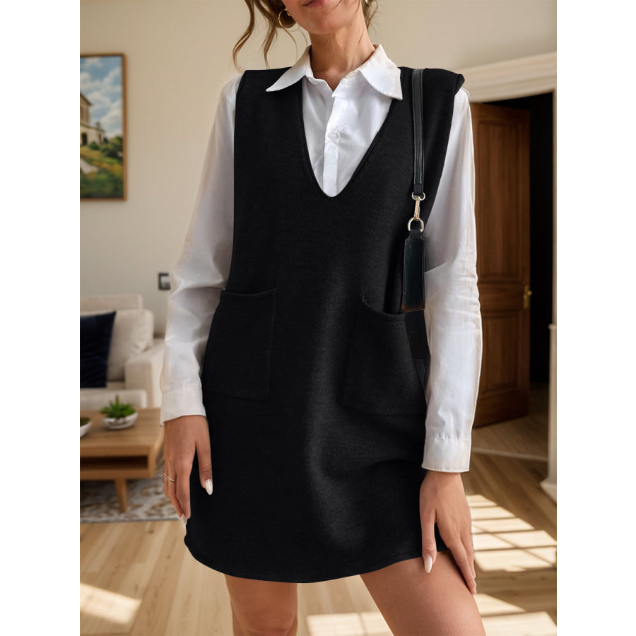 V-Neck Sleeveless Sweater Dress with Pockets Black / S Apparel and Accessories