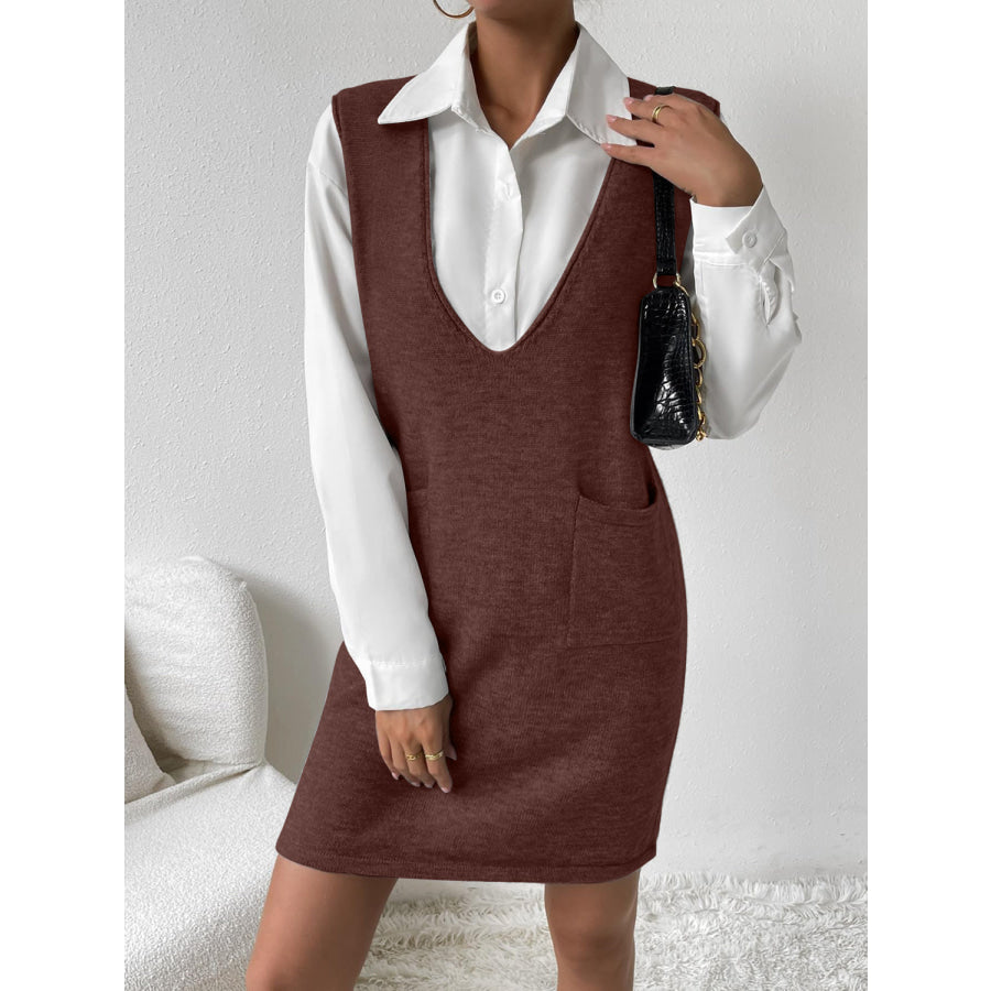 V-Neck Sleeveless Sweater Dress with Pockets Brown / S Apparel and Accessories