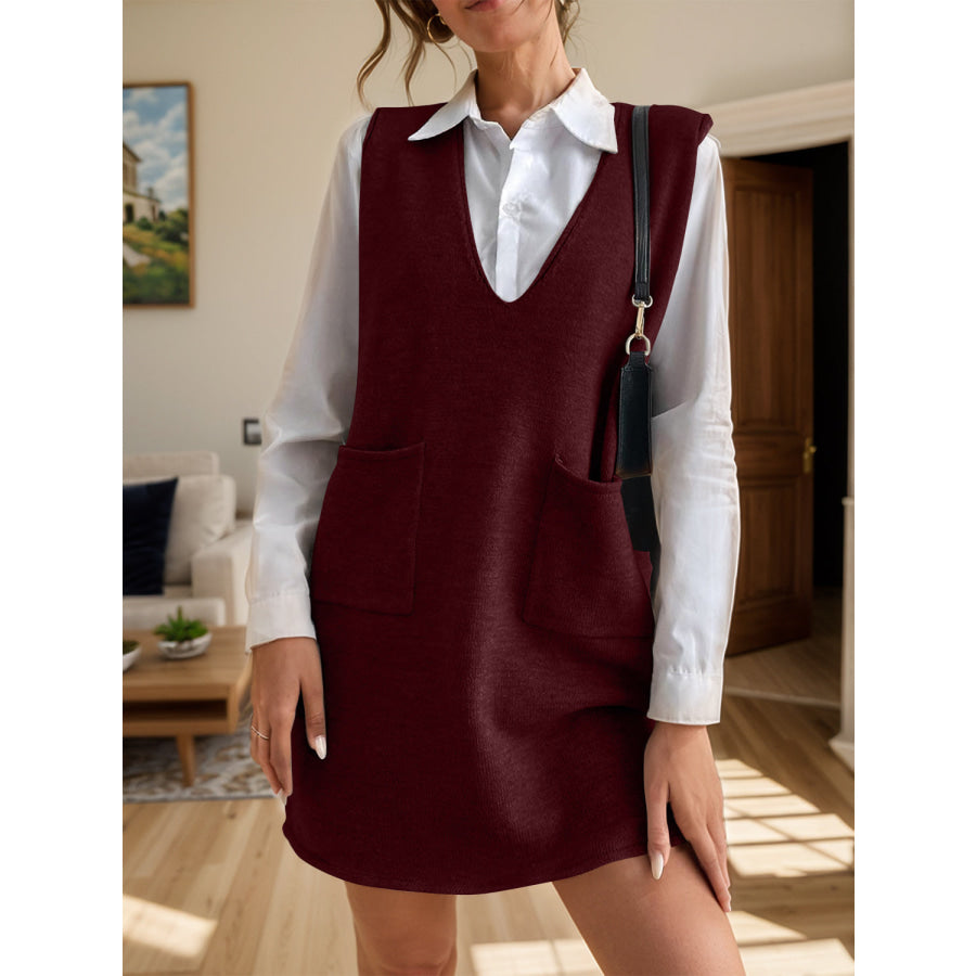 V-Neck Sleeveless Sweater Dress with Pockets Burgundy / S Apparel and Accessories