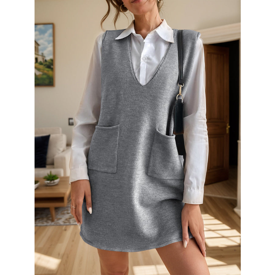 Wholesale MOQ6 V-Neck Sleeveless Sweater Dress with Pockets Wholesale MOQ6 V-Neck Sleeveless Sweater Dress with Pockets
