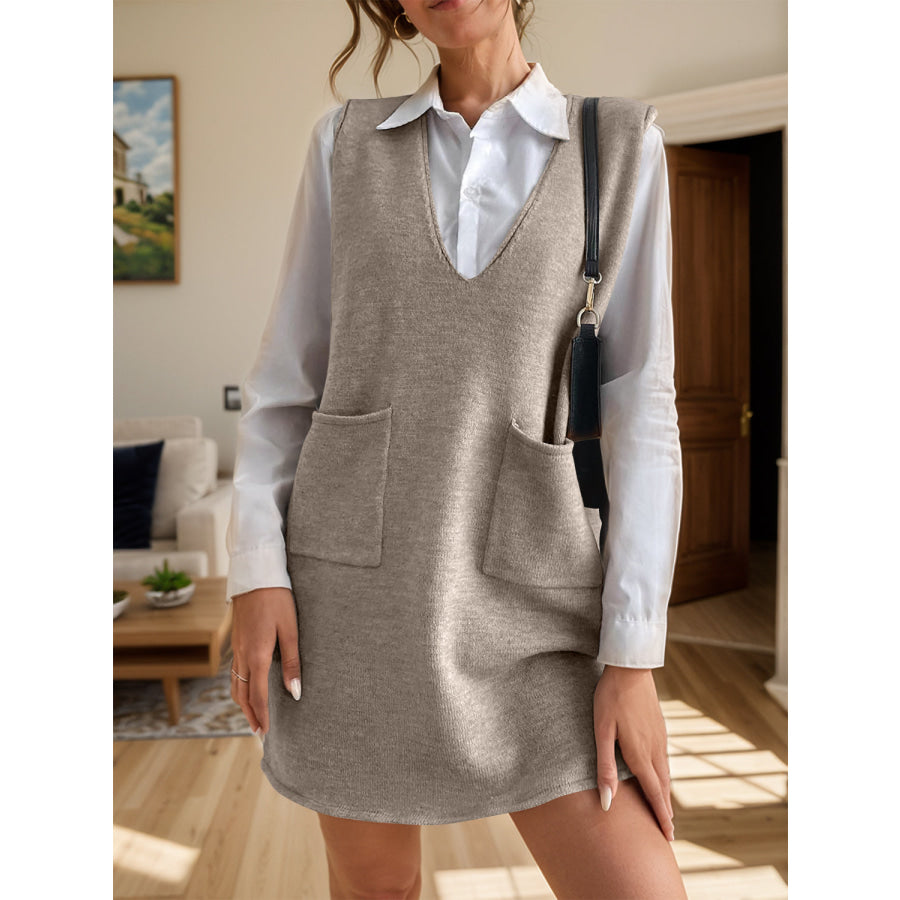 V-Neck Sleeveless Sweater Dress with Pockets Mocha / S Apparel and Accessories