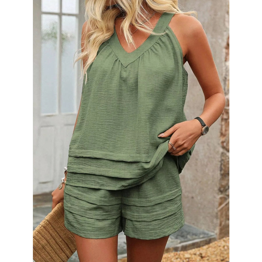 V-Neck Sleeveless Tank and Shorts Two-Piece Set Army Green 11360 / S Apparel Accessories
