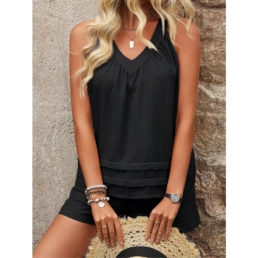 V-Neck Sleeveless Tank and Shorts Two-Piece Set Black 11360 / S Apparel Accessories