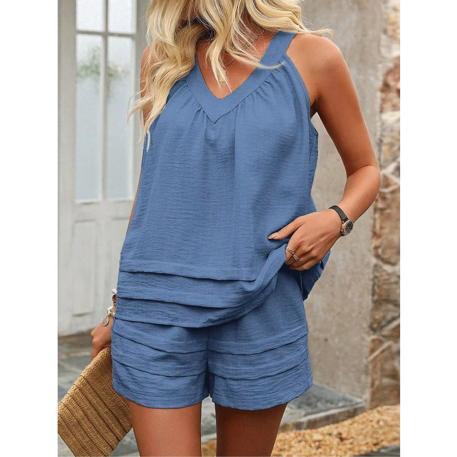 V-Neck Sleeveless Tank and Shorts Two-Piece Set Blue 11360 / S Apparel Accessories