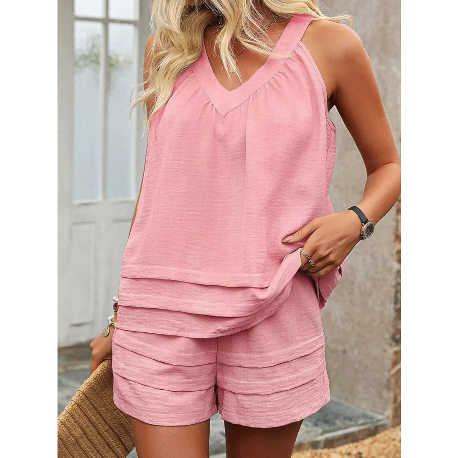 V-Neck Sleeveless Tank and Shorts Two-Piece Set Pink 11360 / S Apparel Accessories