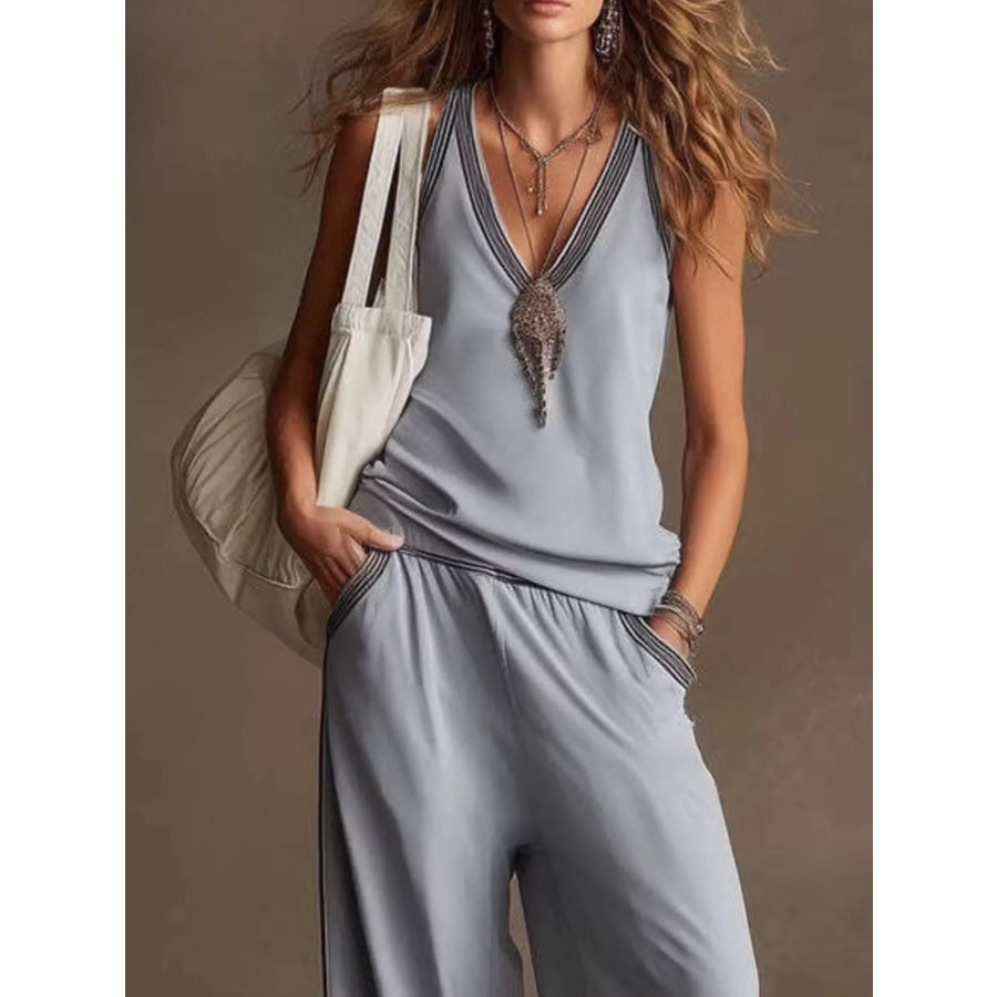 V-Neck Sleeveless Tank and Wide-Leg Pants Set Apparel and Accessories