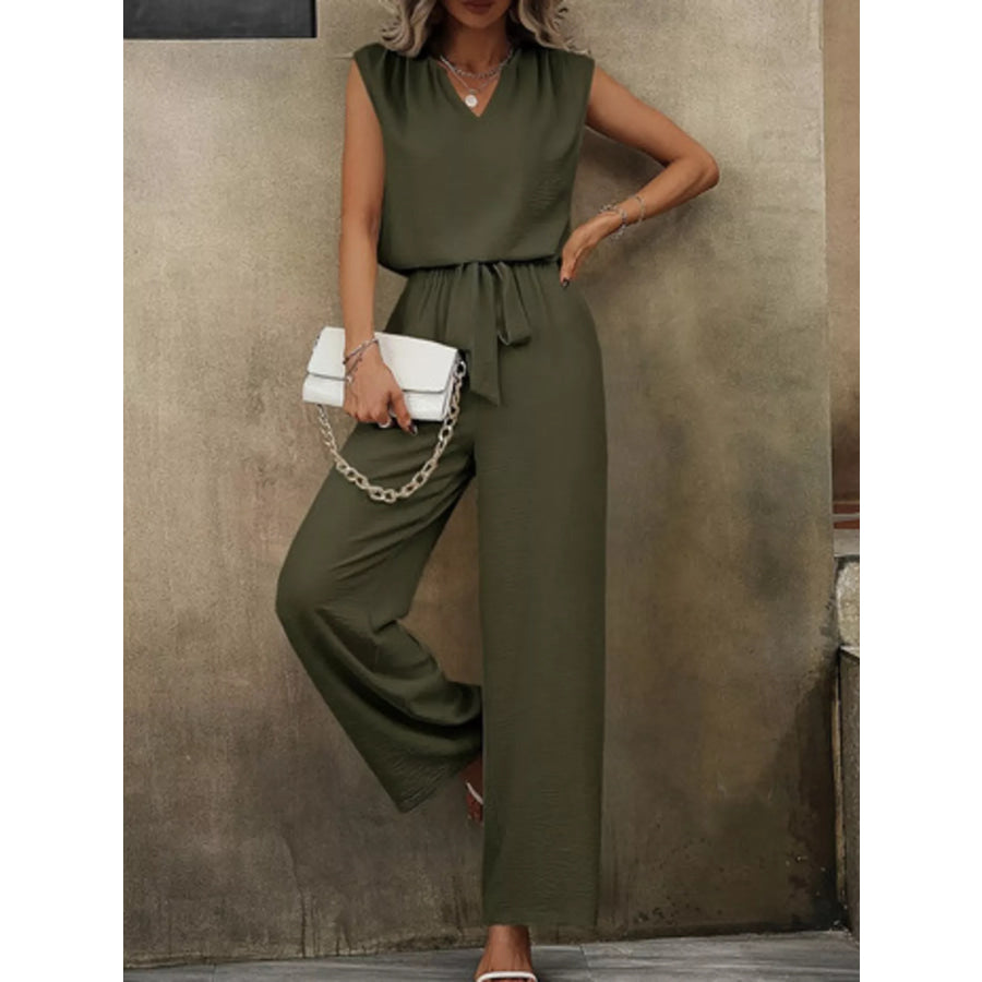 V-Neck Sleeveless Tank and Wide-Leg Pants Set Army Green / S Apparel and Accessories