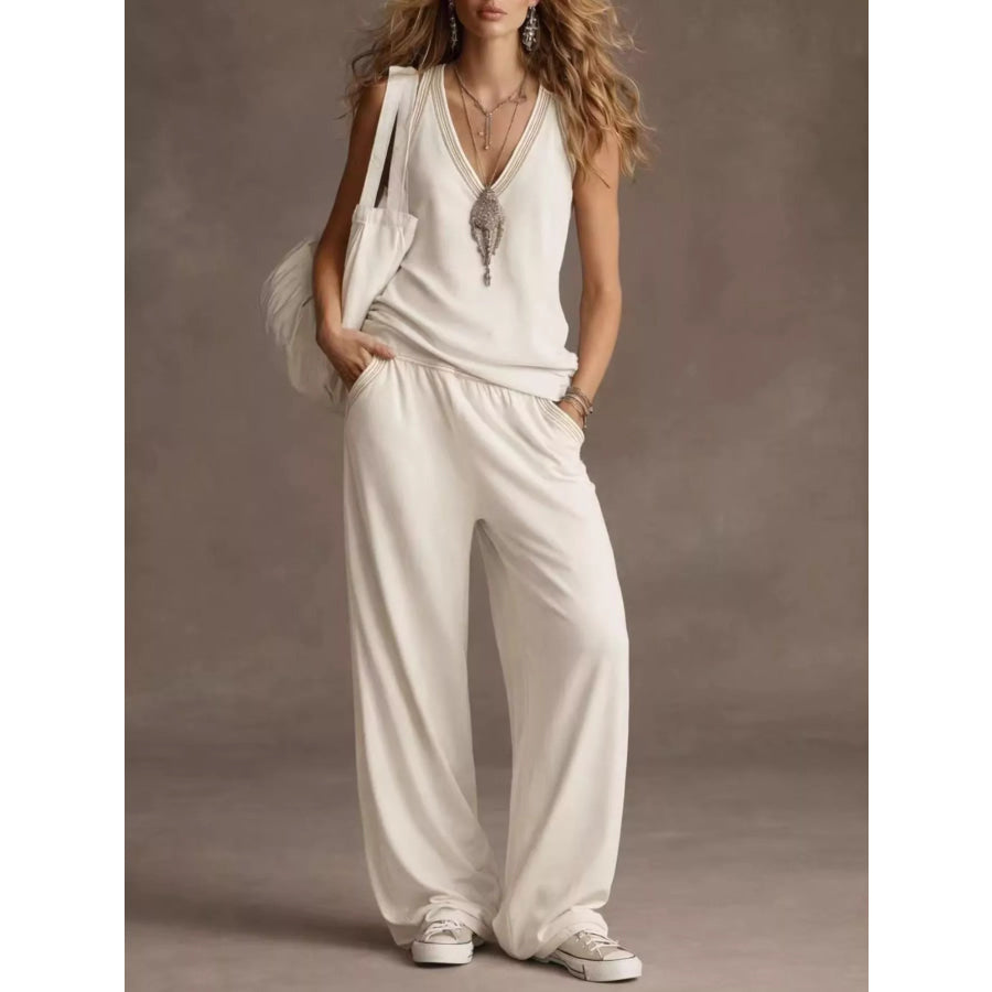 V-Neck Sleeveless Tank and Wide-Leg Pants Set Beige / XS Apparel and Accessories