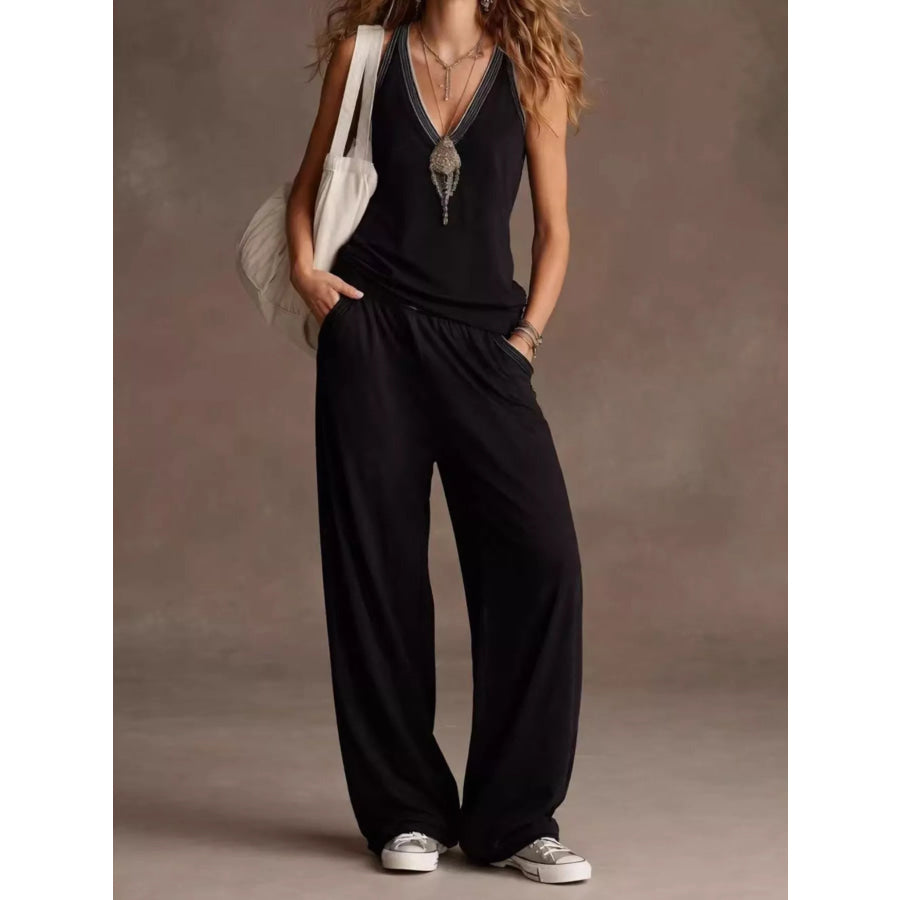 V-Neck Sleeveless Tank and Wide-Leg Pants Set Black / XS Apparel and Accessories