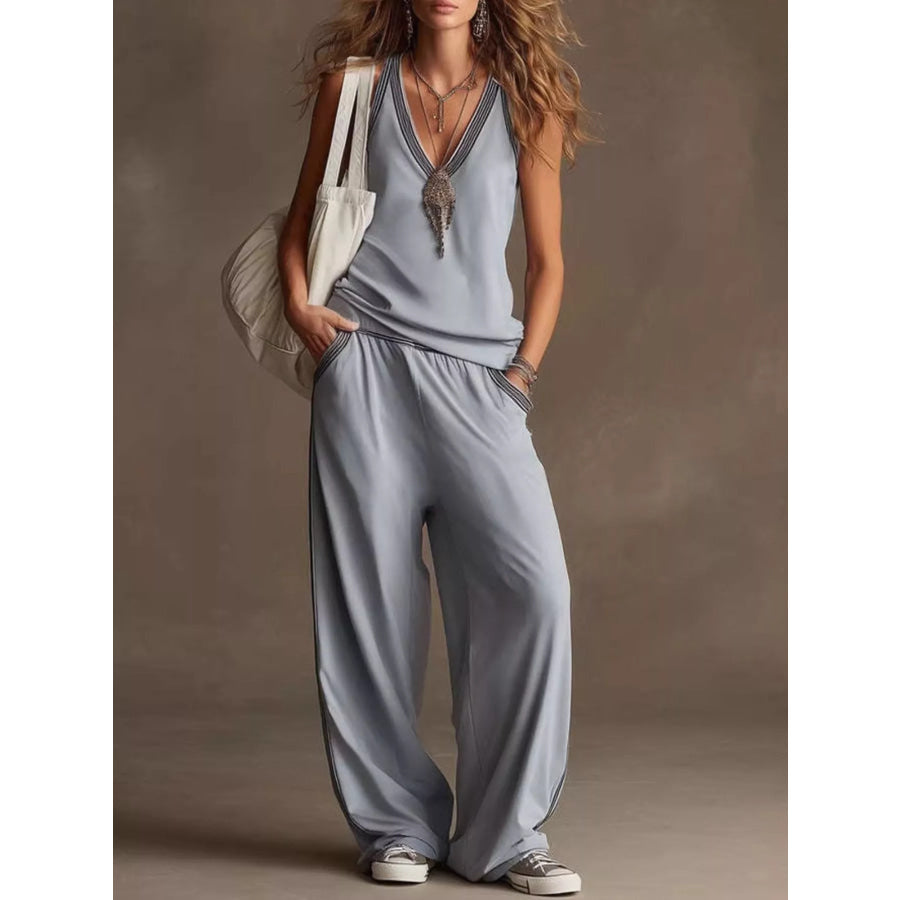 V-Neck Sleeveless Tank and Wide-Leg Pants Set Light Blue / XS Apparel and Accessories