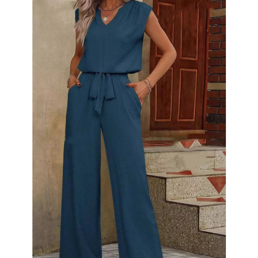 V-Neck Sleeveless Tank and Wide-Leg Pants Set Navy Blue / S Apparel and Accessories