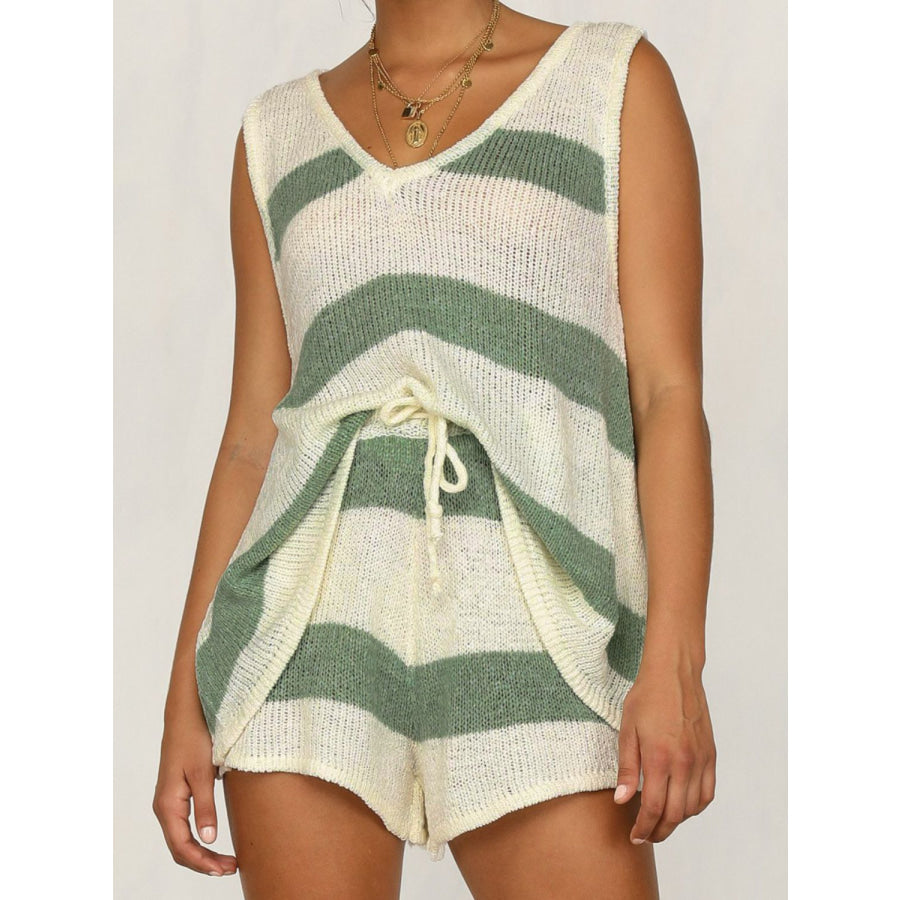 V-Neck Sleeveless Top and Drawstring Shorts Sweater Set Apparel and Accessories