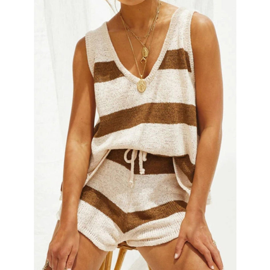 V-Neck Sleeveless Top and Drawstring Shorts Sweater Set Apparel and Accessories